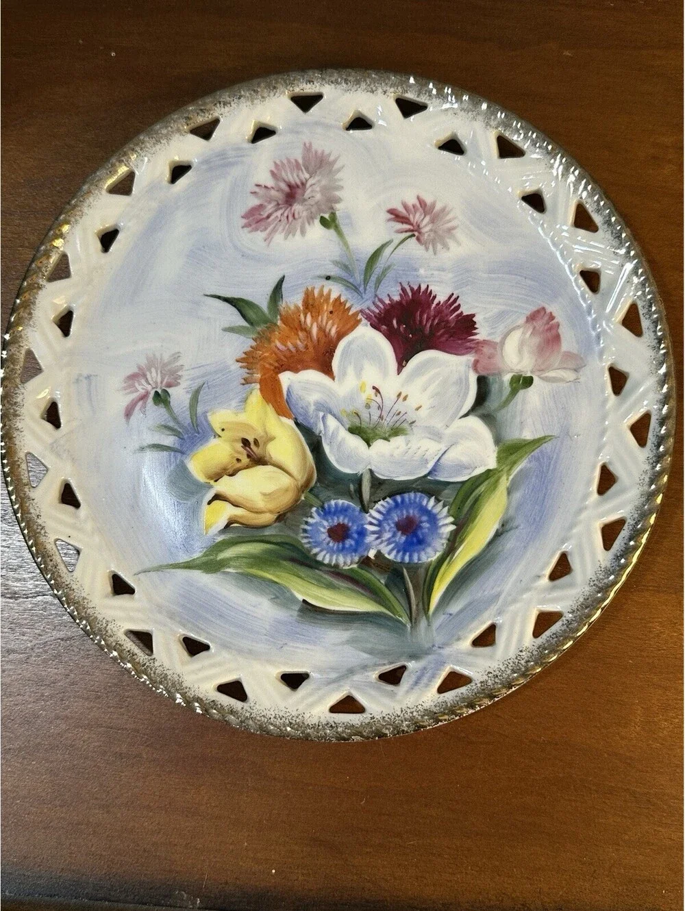 Vintage Norleans Japan Hand-painted Porcelain Floral Plate W/ Reticulated Rim